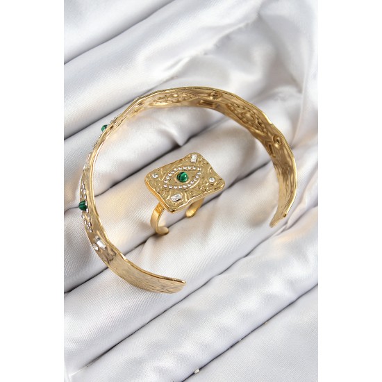 Pirinç Zirkon Taşlı Göz Model Gold Renk Bileklik Yüzük Set - TJ-BB7608