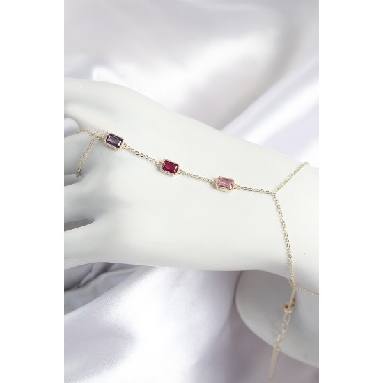 Pirinç Renkli Zirkon Taşlı Dikdörtgen Model Gold Renk Kadın Şahmeran - TJ-SN693