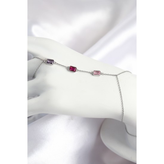 Pirinç Renkli Zirkon Taşlı Dikdörtgen Model Gümüş Renk Kadın Şahmeran - TJ-SN694