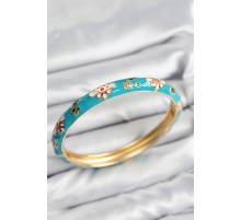 Mineli Pirinç Mavi Çiçek Motifli Gold Kadın Kelepçe - TJ-BB7618