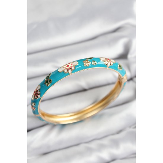 Mineli Pirinç Mavi Çiçek Motifli Gold Kadın Kelepçe - TJ-BB7618