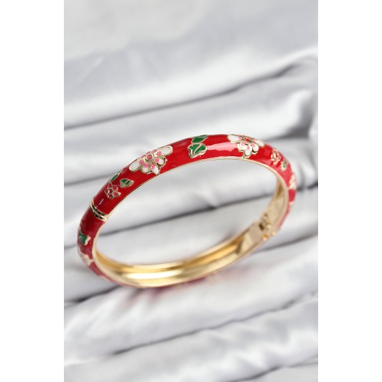 Mineli Pirinç Kırmızı Çiçek Motifli Gold Kadın Kelepçe - TJ-BB7619