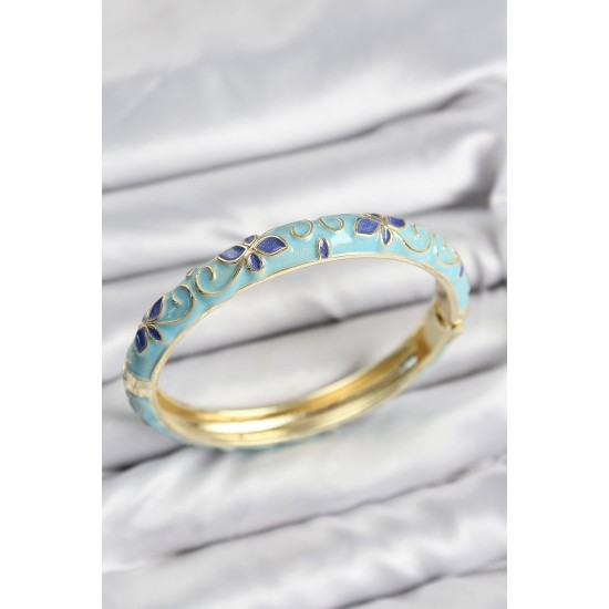 Mineli Pirinç Turkuaz Çiçek Motifli Gold Kadın Kelepçe - TJ-BB7623