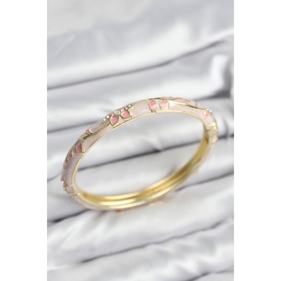 Mineli Pirinç Zirkon Taşlı Pembe Çiçek Motifli Gold Kadın Kelepçe - TJ-BB7624