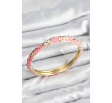 Mineli Pirinç Zirkon Taşlı Pembe Çiçek Motifli Gold Kadın Kelepçe - TJ-BB7625