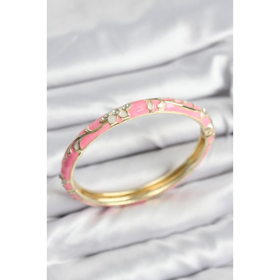 Mineli Pirinç Zirkon Taşlı Pembe Çiçek Motifli Gold Kadın Kelepçe - TJ-BB7625