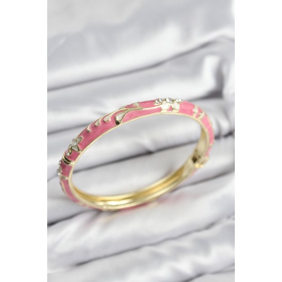 Mineli Pirinç Zirkon Taşlı Pembe Çiçek Motifli Gold Kadın Kelepçe - TJ-BB7626