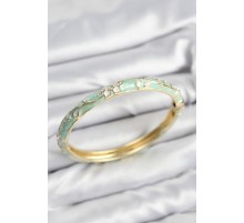 Mineli Pirinç Zirkon Taşlı Su Yeşili Çiçek Motifli Gold Kadın Kelepçe - TJ-BB7627