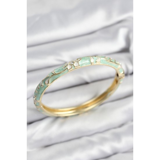 Mineli Pirinç Zirkon Taşlı Su Yeşili Çiçek Motifli Gold Kadın Kelepçe - TJ-BB7627