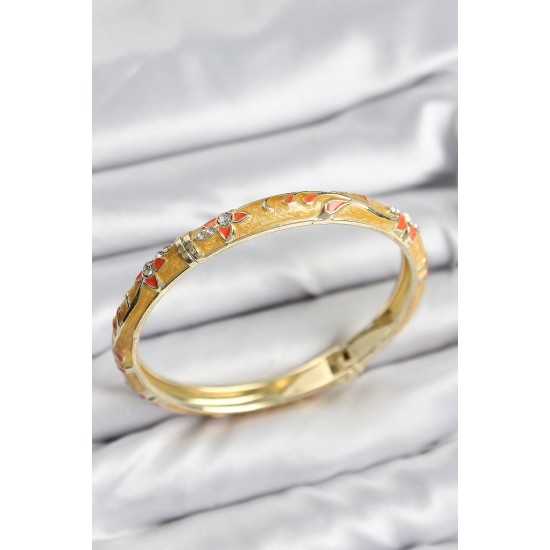 Mineli Pirinç Zirkon Taşlı Hardal Çiçek Motifli Gold Kadın Kelepçe - TJ-BB7628