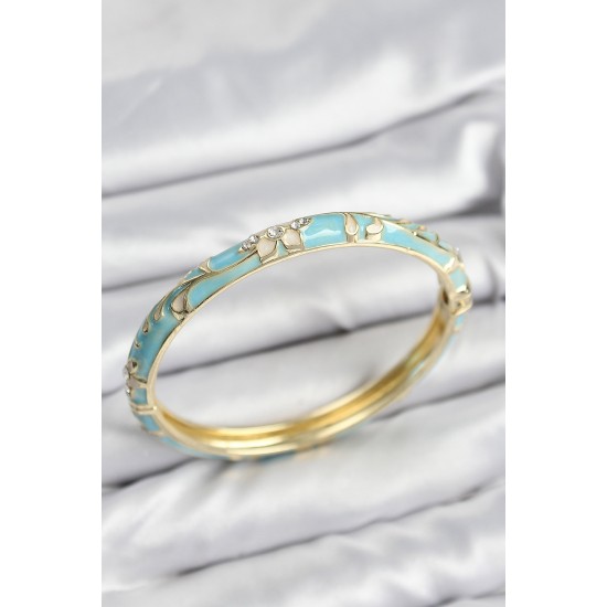 Mineli Pirinç Zirkon Taşlı Turkuaz Çiçek Motifli Gold Kadın Kelepçe - TJ-BB7629