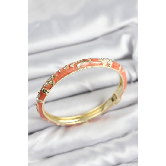 Mineli Pirinç Zirkon Taşlı Turuncu Çiçek Motifli Gold Kadın Kelepçe - TJ-BB7630