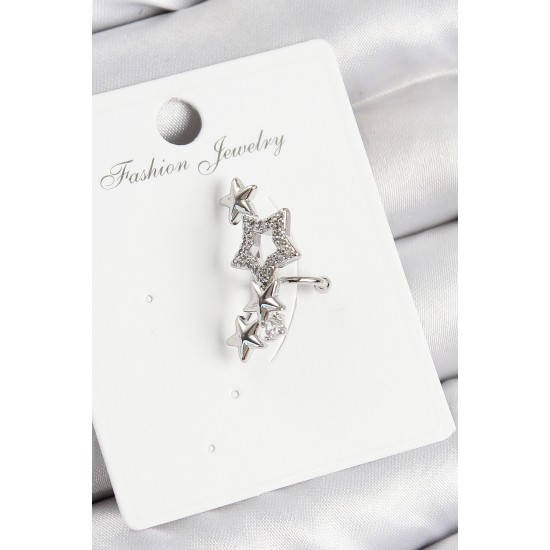 Pirinç Zirkon Taşlı Yıldız Model Gümüş Renk Sağ Kıkırdak Küpe - TJ-BKP11001