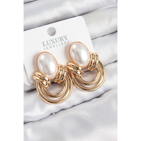 Pirinç İnci Detaylı Vintage Model Gold Renk Kadın Küpe - TJ-BKP11033