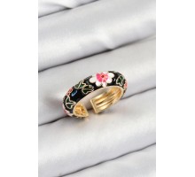 Pirinç Siyah Mineli Çiçek Motifli Gold Renk Ayarlanabilir Kadın Yüzük - TJ-BYK3805
