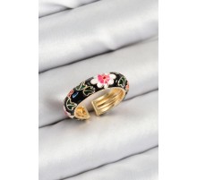 Pirinç Siyah Mineli Çiçek Motifli Gold Renk Ayarlanabilir Kadın Yüzük - TJ-BYK3805