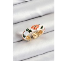 Pirinç Beyaz Mineli Çiçek Motifli Gold Renk Ayarlanabilir Kadın Yüzük - TJ-BYK3806