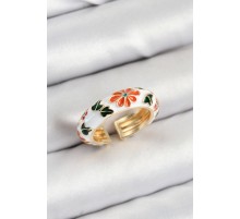 Pirinç Beyaz Mineli Çiçek Motifli Gold Renk Ayarlanabilir Kadın Yüzük - TJ-BYK3806