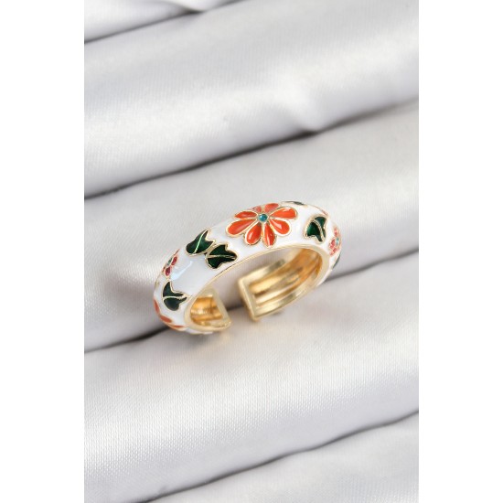 Pirinç Beyaz Mineli Çiçek Motifli Gold Renk Ayarlanabilir Kadın Yüzük - TJ-BYK3806