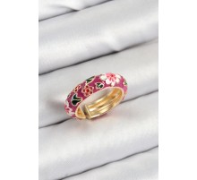 Pirinç Fuşya Mineli Çiçek Motifli Gold Renk Ayarlanabilir Kadın Yüzük - TJ-BYK3807