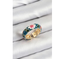 Pirinç Yeşil Mineli Çiçek Motifli Gold Renk Ayarlanabilir Kadın Yüzük - TJ-BYK3808