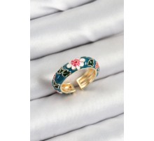 Pirinç Yeşil Mineli Çiçek Motifli Gold Renk Ayarlanabilir Kadın Yüzük - TJ-BYK3808