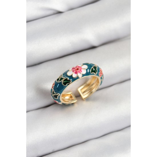 Pirinç Yeşil Mineli Çiçek Motifli Gold Renk Ayarlanabilir Kadın Yüzük - TJ-BYK3808
