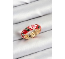 Pirinç Kırmızı Mineli Çiçek Motifli Gold Renk Ayarlanabilir Kadın Yüzük - TJ-BYK3809