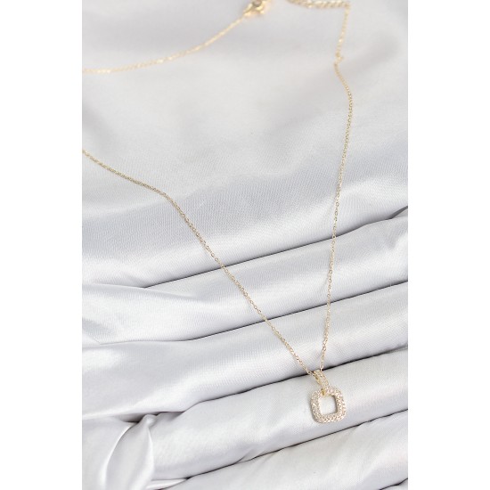 Pirinç Zirkon Taşlı Kare Model Gold Renk Kadın Kolye - TJ-BKO10408