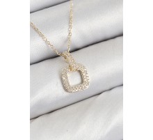 Pirinç Zirkon Taşlı Kare Model Gold Renk Kadın Kolye - TJ-BKO10408