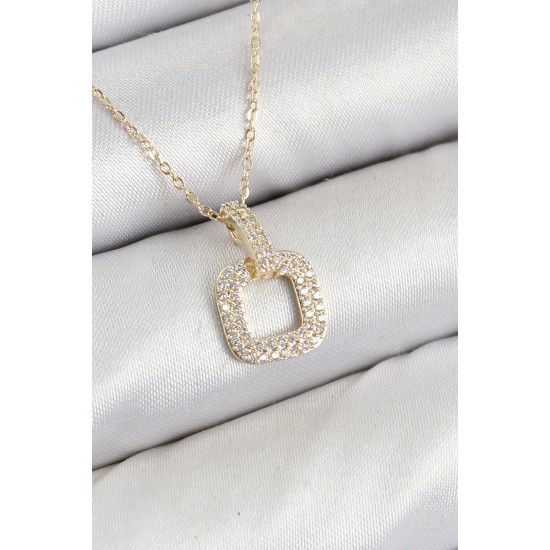 Pirinç Zirkon Taşlı Kare Model Gold Renk Kadın Kolye - TJ-BKO10408