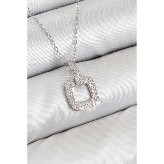 Pirinç Zirkon Taşlı Kare Model Gümüş Renk Kadın Kolye - TJ-BKO10409