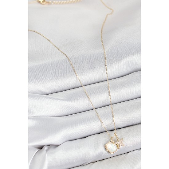 Pirinç Zirkon Taşlı İstiridye Ve Deniz Yıldızı Model Gold Renk Kadın Kolye - TJ-BKO10410