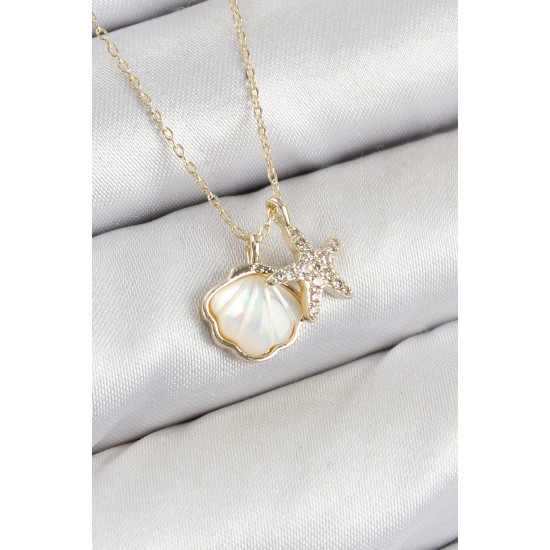 Pirinç Zirkon Taşlı İstiridye Ve Deniz Yıldızı Model Gold Renk Kadın Kolye - TJ-BKO10410