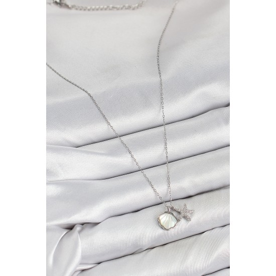 Pirinç Zirkon Taşlı İstiridye Ve Deniz Yıldızı Model Gümüş Renk Kadın Kolye - TJ-BKO10411