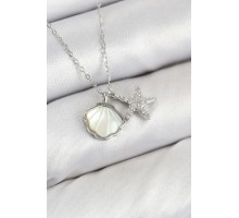 Pirinç Zirkon Taşlı İstiridye Ve Deniz Yıldızı Model Gümüş Renk Kadın Kolye - TJ-BKO10411