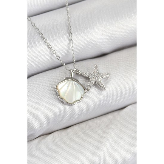Pirinç Zirkon Taşlı İstiridye Ve Deniz Yıldızı Model Gümüş Renk Kadın Kolye - TJ-BKO10411