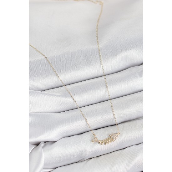 Pirinç Zirkon Taşlı Balık Kılçığı Model Gold Renk Kadın Kolye - TJ-BKO10412