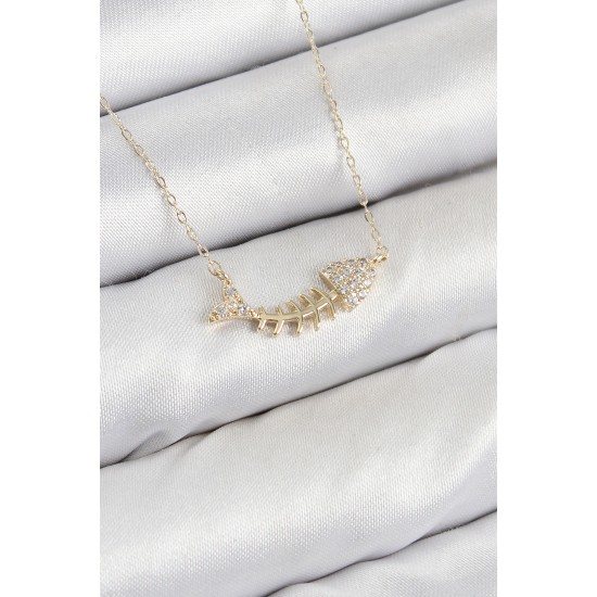 Pirinç Zirkon Taşlı Balık Kılçığı Model Gold Renk Kadın Kolye - TJ-BKO10412