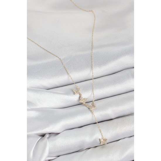 Pirinç Zirkon Taşlı Kelebek Model Gold Renk Kadın Kolye - TJ-BKO10414