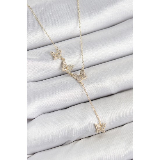 Pirinç Zirkon Taşlı Kelebek Model Gold Renk Kadın Kolye - TJ-BKO10414