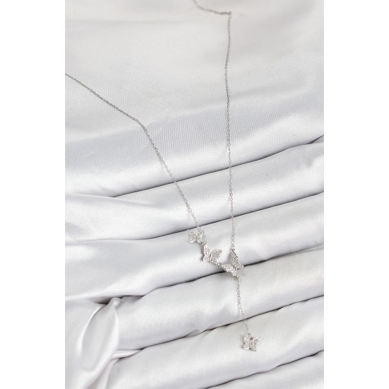 Pirinç Zirkon Taşlı Kelebek Model Gümüş Renk Kadın Kolye - TJ-BKO10415