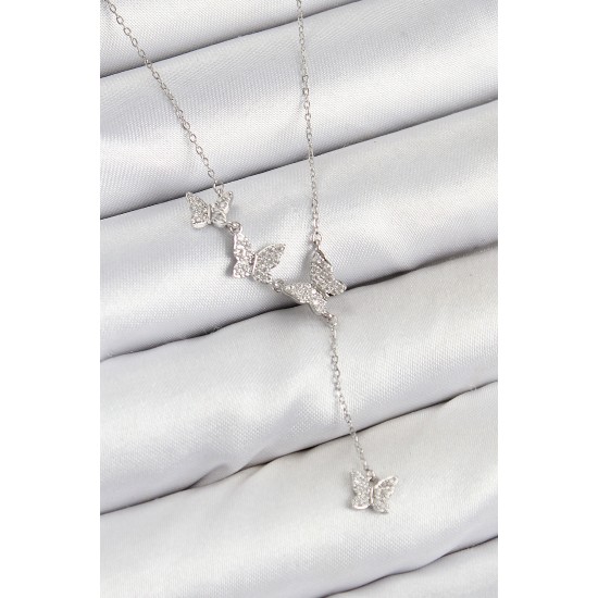 Pirinç Zirkon Taşlı Kelebek Model Gümüş Renk Kadın Kolye - TJ-BKO10415