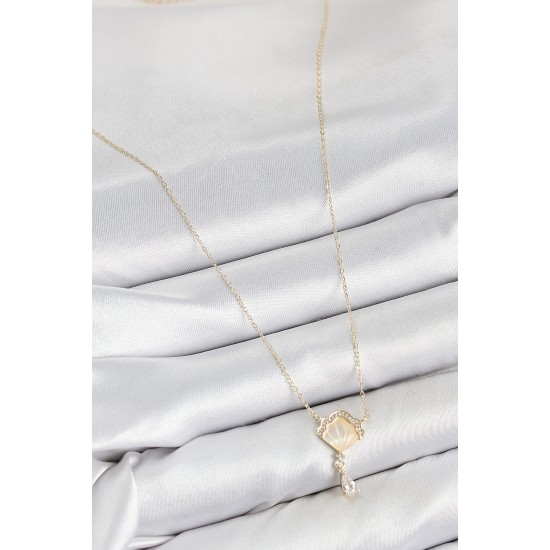 Pirinç Zirkon Taşlı İstiridye Model Gold Renk Kadın Kolye - TJ-BKO10416