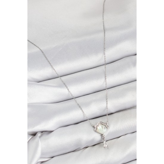 Pirinç Zirkon Taşlı İstiridye Model Gümüş Renk Kadın Kolye - TJ-BKO10417