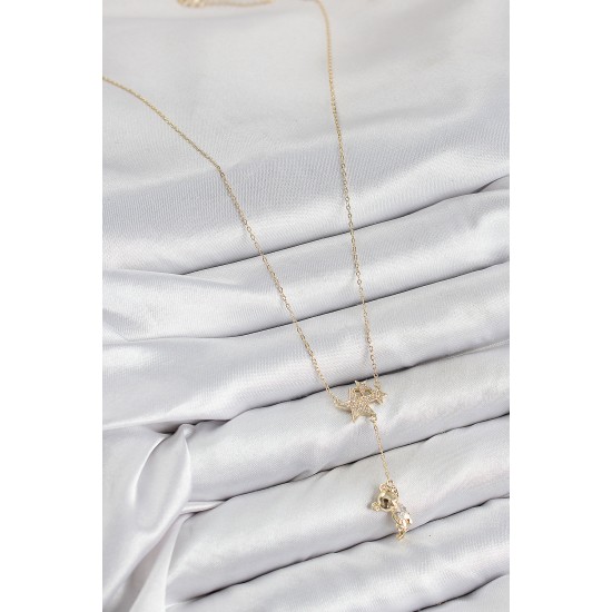 Pirinç Zirkon Taşlı Sallantılı Ayıcıklı Yıldız Model Gold Renk Kadın Kolye - TJ-BKO10418