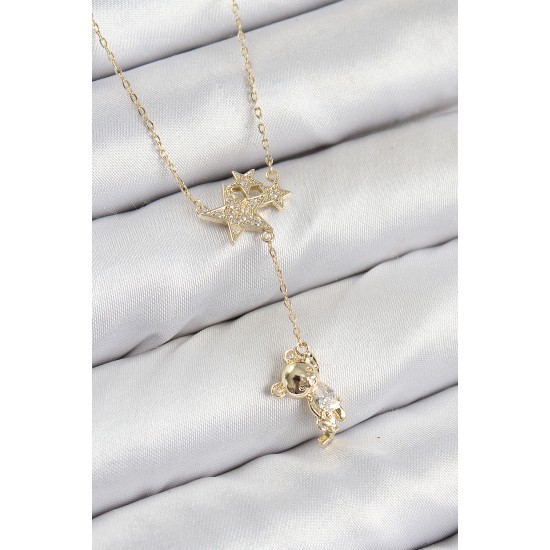 Pirinç Zirkon Taşlı Sallantılı Ayıcıklı Yıldız Model Gold Renk Kadın Kolye - TJ-BKO10418