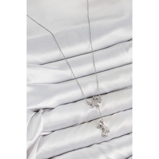 Pirinç Zirkon Taşlı Sallantılı Ayıcıklı Yıldız Model Gümüş Renk Kadın Kolye - TJ-BKO10419