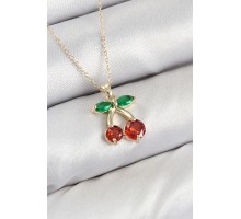 Pirinç Zirkon Taşlı Kiraz Model Gold Renk Kadın Kolye - TJ-BKO10420