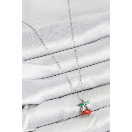 Pirinç Zirkon Taşlı Kiraz Model Gümüş Renk Kadın Kolye - TJ-BKO10421